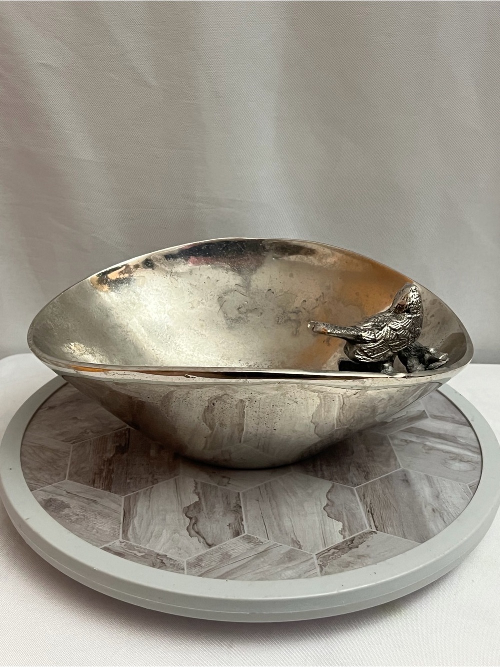 Vintage Silver Tone Bird & Floral Decorative Bowl Centerpiece 11” - Picture 3 of 7